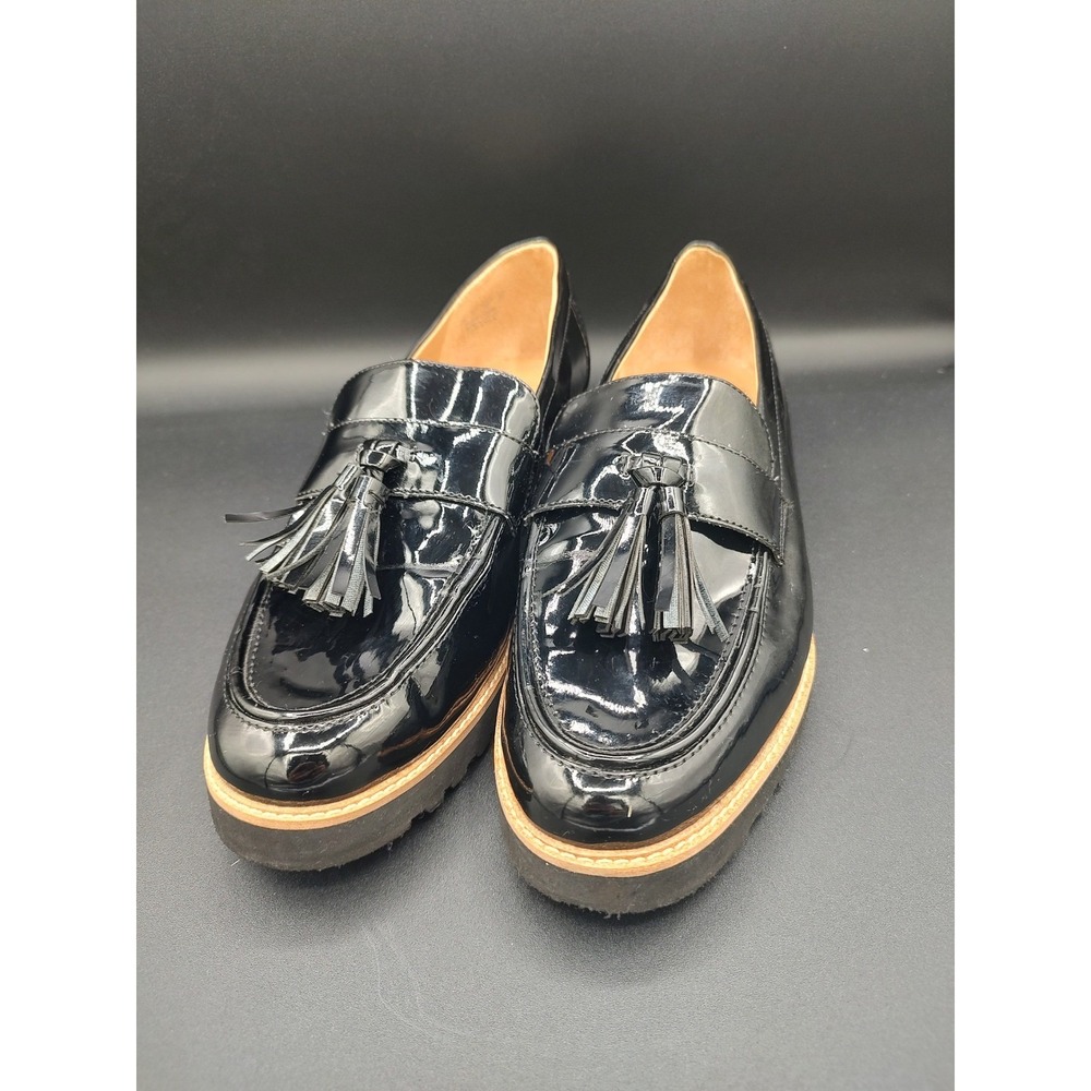 Franco Sarto Womens Black Patent‎ Leather Tassel Lug Sole Loafers Size 10M